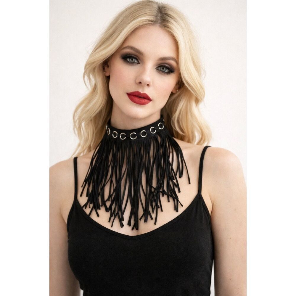 Black Faux Suede Fringe Choker Collar | Grommet Detail Gothic Festival Statement